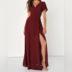 Lulus Wrap Maxi Dress Womens Small Burgandy V-Neck Flutter Short Sleeve Wedding